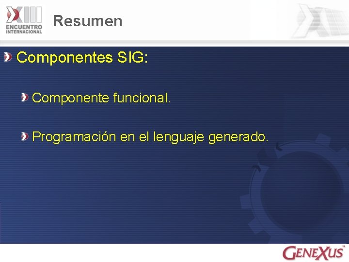 Resumen Componentes SIG: Componente funcional. Programación en el lenguaje generado. 