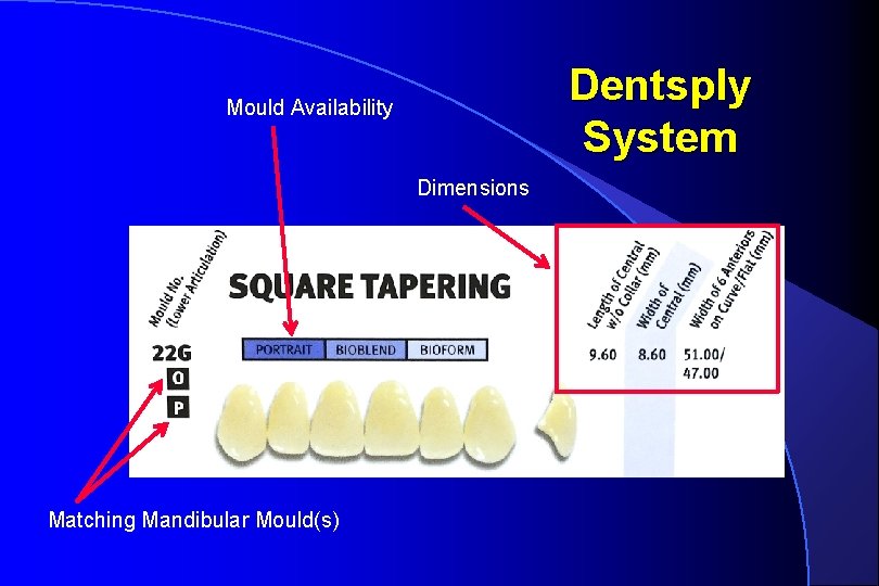 Dentsply System Mould Availability Dimensions Matching Mandibular Mould(s) 