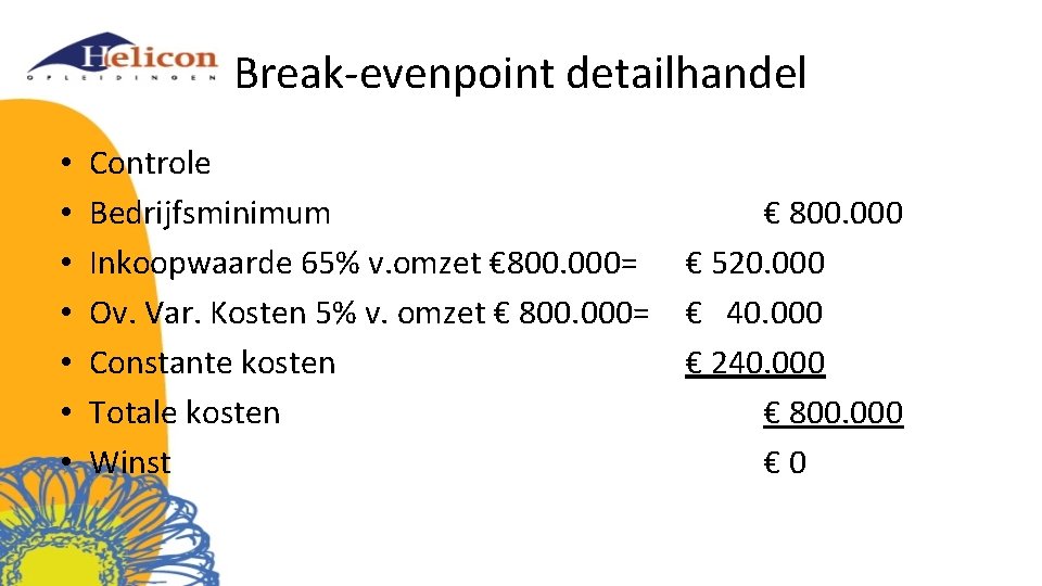 Break-evenpoint detailhandel • • Controle Bedrijfsminimum Inkoopwaarde 65% v. omzet € 800. 000= Ov.