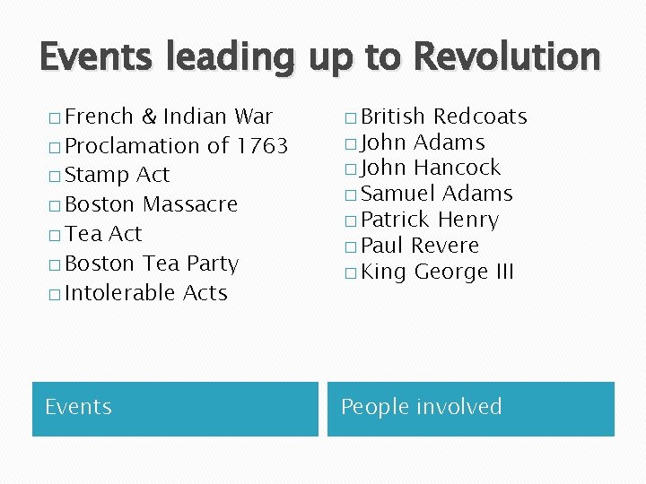 Events leading up to Revolution � French & Indian War � Proclamation of 1763