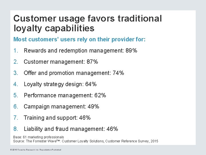Customer usage favors traditional loyalty capabilities Most customers’ users rely on their provider for:
