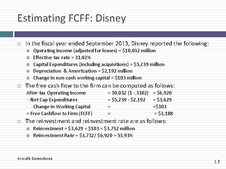 Estimating FCFF: Disney In the fiscal year ended September 2013, Disney reported the following: