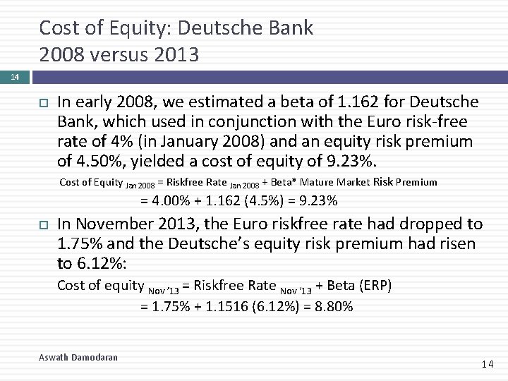 Cost of Equity: Deutsche Bank 2008 versus 2013 14 In early 2008, we estimated