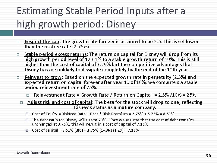 Estimating Stable Period Inputs after a high growth period: Disney Respect the cap: The