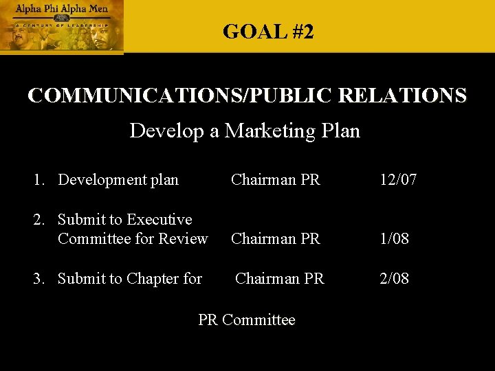 GOAL #2 COMMUNICATIONS/PUBLIC RELATIONS Develop a Marketing Plan 1. Development plan Chairman PR 12/07 GOAL #2 COMMUNICATIONS/PUBLIC RELATIONS Develop a Marketing Plan 1. Development plan Chairman PR 12/07