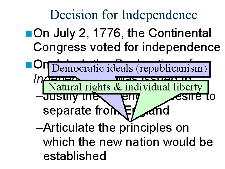 Decision for Independence n On July 2, 1776, the Continental Congress voted for independence