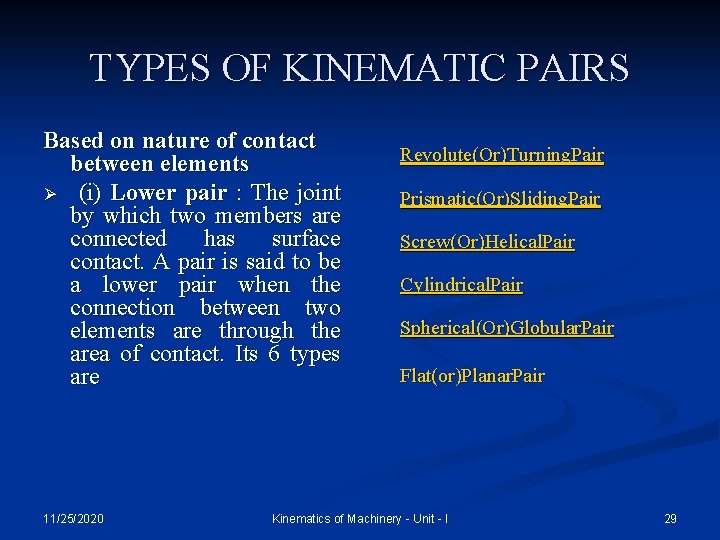 TYPES OF KINEMATIC PAIRS Based on nature of contact between elements Ø (i) Lower