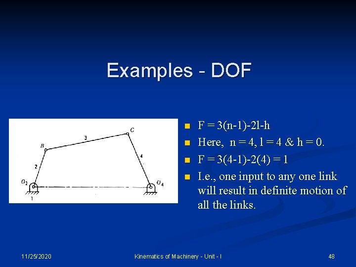 Examples - DOF n n 11/25/2020 F = 3(n-1)-2 l-h Here, n = 4,