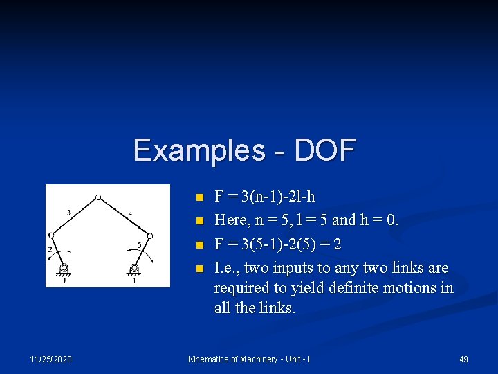 Examples - DOF n n 11/25/2020 F = 3(n-1)-2 l-h Here, n = 5,