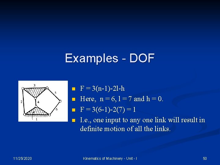 Examples - DOF n n 11/25/2020 F = 3(n-1)-2 l-h Here, n = 6,