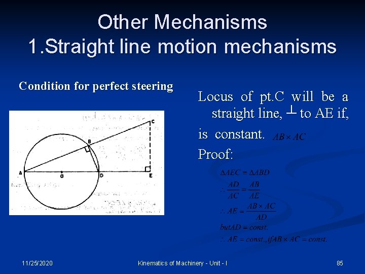 Other Mechanisms 1. Straight line motion mechanisms Condition for perfect steering 11/25/2020 Locus of