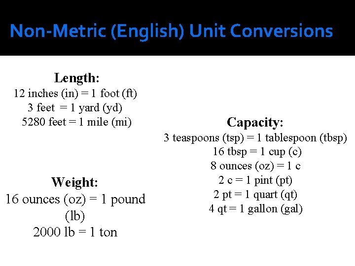 Non-Metric (English) Unit Conversions Length: 12 inches (in) = 1 foot (ft) 3 feet Non-Metric (English) Unit Conversions Length: 12 inches (in) = 1 foot (ft) 3 feet