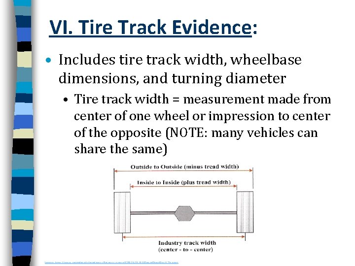 VI. Tire Track Evidence: • Includes tire track width, wheelbase dimensions, and turning diameter