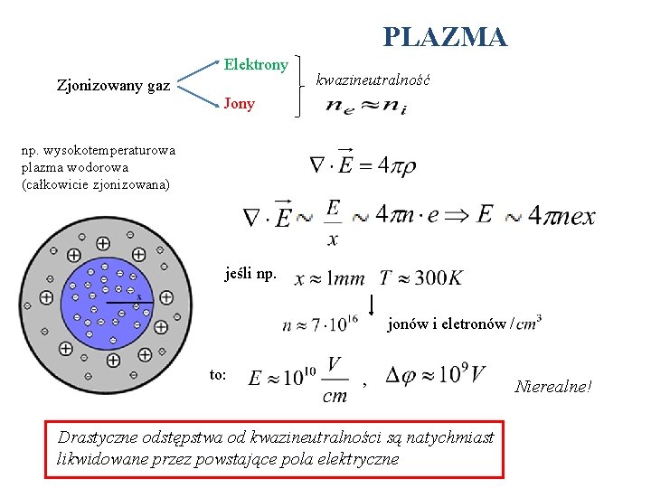 PLAZMA Elektrony Zjonizowany gaz Jony np. wysokotemperaturowa plazma wodorowa (całkowicie zjonizowana) kwazineutralność jeśli np.