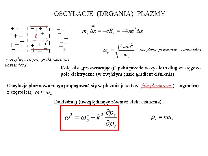 OSCYLACJE (DRGANIA) PLAZMY oscylacje plazmowe - Langmuira w oscylacjach jony praktycznei nie uczestniczą Rolę