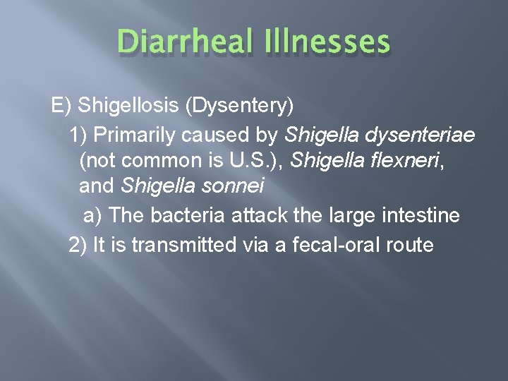 Diarrheal Illnesses E) Shigellosis (Dysentery) 1) Primarily caused by Shigella dysenteriae (not common is