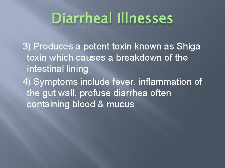 Diarrheal Illnesses 3) Produces a potent toxin known as Shiga toxin which causes a