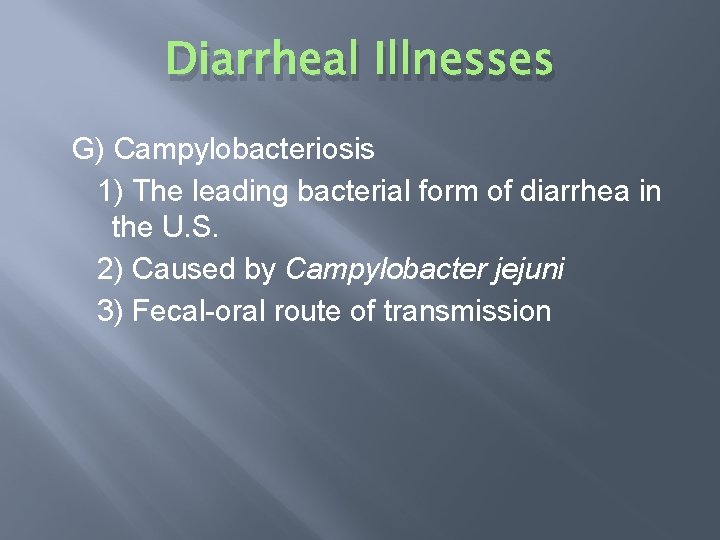 Diarrheal Illnesses G) Campylobacteriosis 1) The leading bacterial form of diarrhea in the U.