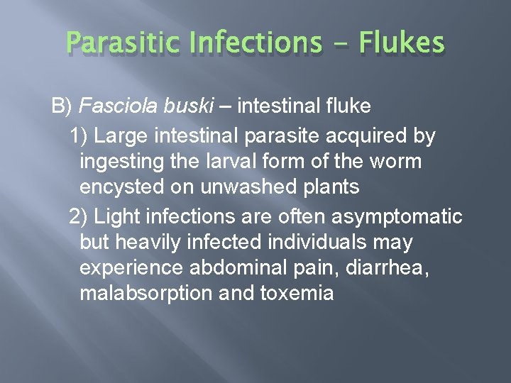 Parasitic Infections - Flukes B) Fasciola buski – intestinal fluke 1) Large intestinal parasite