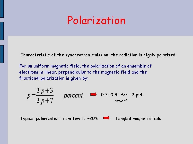 Polarization Characteristic of the synchrotron emission: the radiation is highly polarized. For an uniform