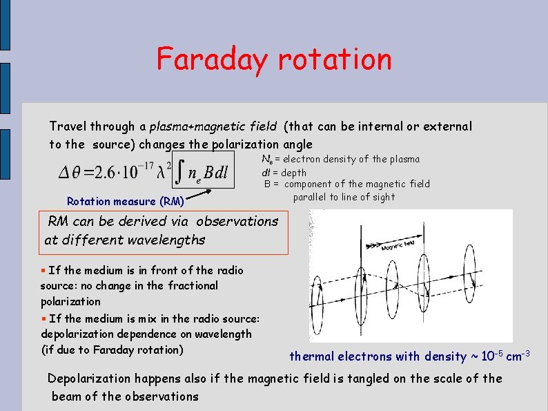 Faraday rotation Travel through a plasma+magnetic field (that can be internal or external to