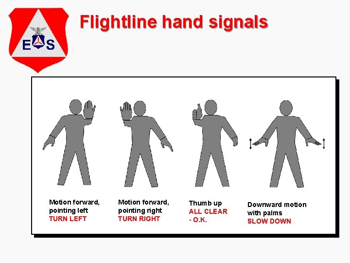 Flightline hand signals Motion forward, pointing left TURN LEFT Motion forward, pointing right TURN