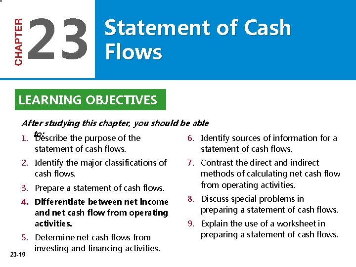 23 Statement of Cash Flows LEARNING OBJECTIVES After studying this chapter, you should be