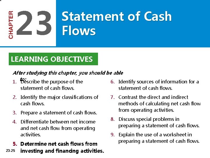 23 Statement of Cash Flows LEARNING OBJECTIVES After studying this chapter, you should be