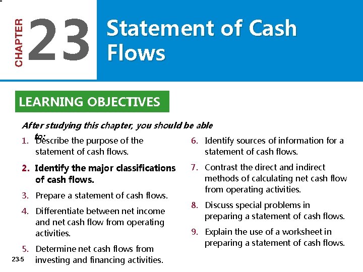 23 Statement of Cash Flows LEARNING OBJECTIVES After studying this chapter, you should be