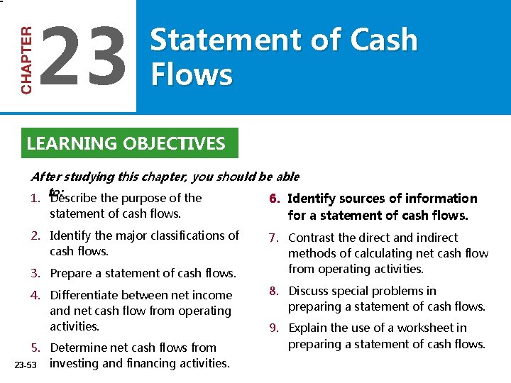 23 Statement of Cash Flows LEARNING OBJECTIVES After studying this chapter, you should be