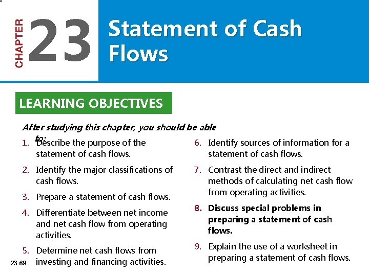 23 Statement of Cash Flows LEARNING OBJECTIVES After studying this chapter, you should be