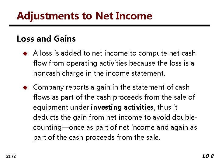 Adjustments to Net Income Loss and Gains u A loss is added to net