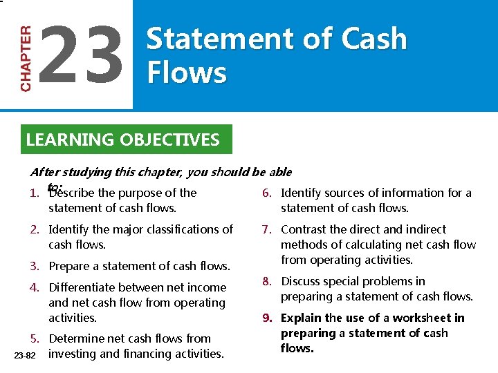 23 Statement of Cash Flows LEARNING OBJECTIVES After studying this chapter, you should be