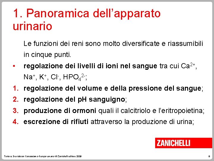 1. Panoramica dell’apparato urinario Le funzioni dei reni sono molto diversificate e riassumibili in