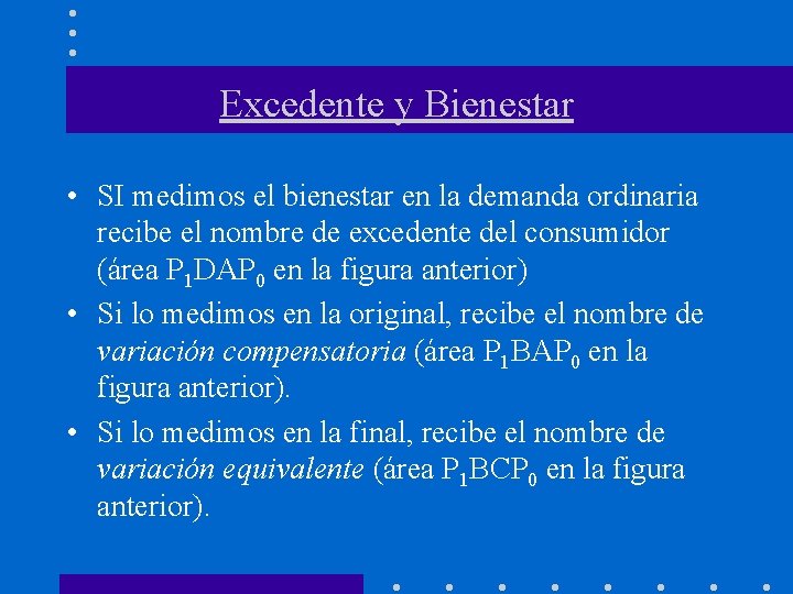 Excedente y Bienestar • SI medimos el bienestar en la demanda ordinaria recibe el