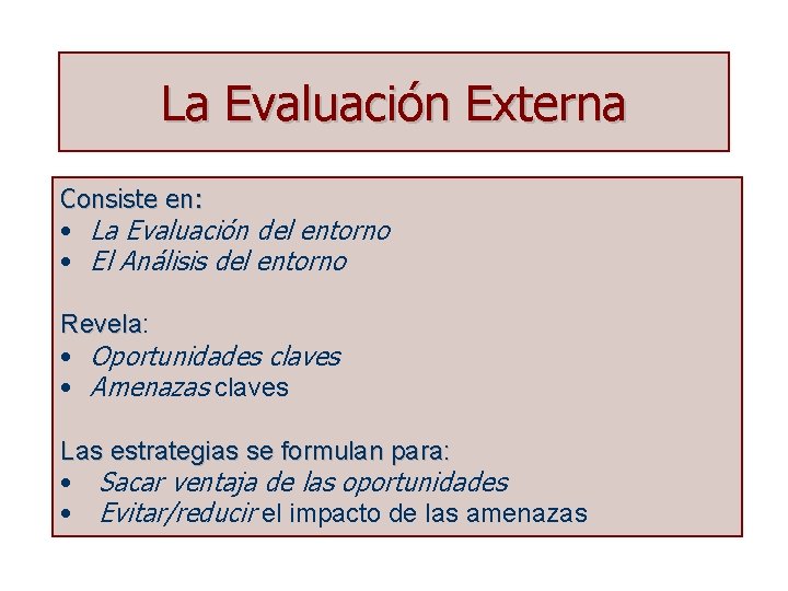 La Evaluación Externa Consiste en: • La Evaluación del entorno • El Análisis del