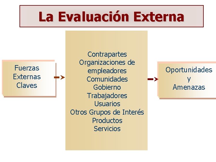 La Evaluación Externa Fuerzas Externas Claves Contrapartes Organizaciones de empleadores Comunidades Gobierno Trabajadores Usuarios