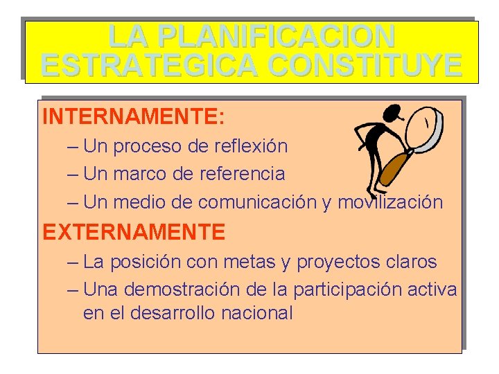 LA PLANIFICACION ESTRATEGICA CONSTITUYE INTERNAMENTE: – Un proceso de reflexión – Un marco de