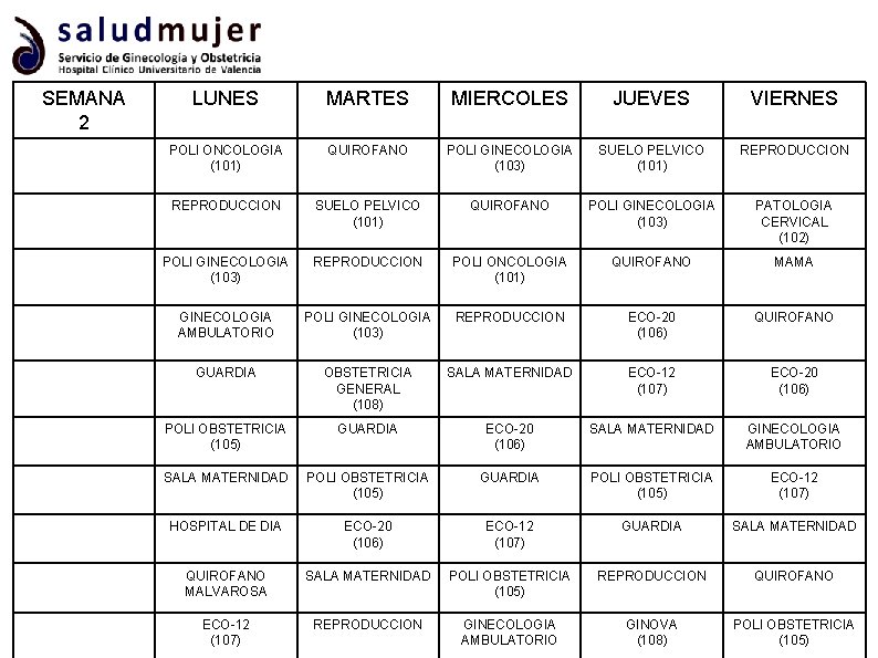 SEMANA 2 LUNES MARTES MIERCOLES JUEVES VIERNES POLI ONCOLOGIA (101) QUIROFANO POLI GINECOLOGIA (103)