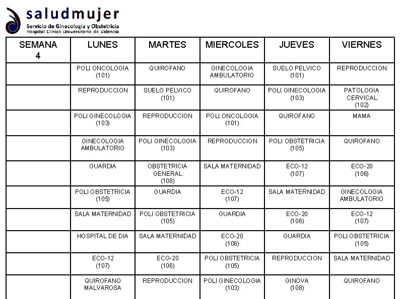 SEMANA 4 LUNES MARTES MIERCOLES JUEVES VIERNES POLI ONCOLOGIA (101) QUIROFANO GINECOLOGIA AMBULATORIO SUELO