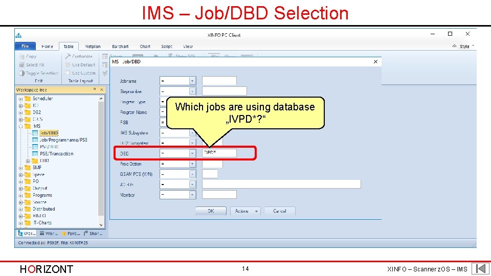 IMS – Job/DBD Selection Which jobs are using database „IVPD*? “ HORIZONT 14 XINFO