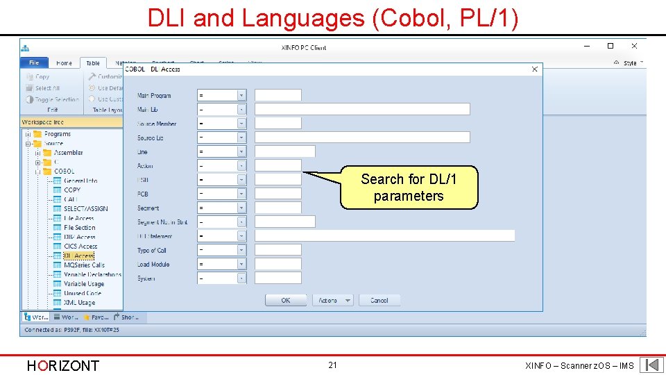 DLI and Languages (Cobol, PL/1) Search for DL/1 parameters HORIZONT 21 XINFO – Scanner