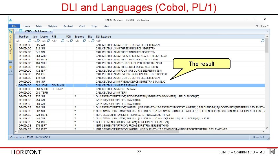 DLI and Languages (Cobol, PL/1) The result HORIZONT 22 XINFO – Scanner z. OS