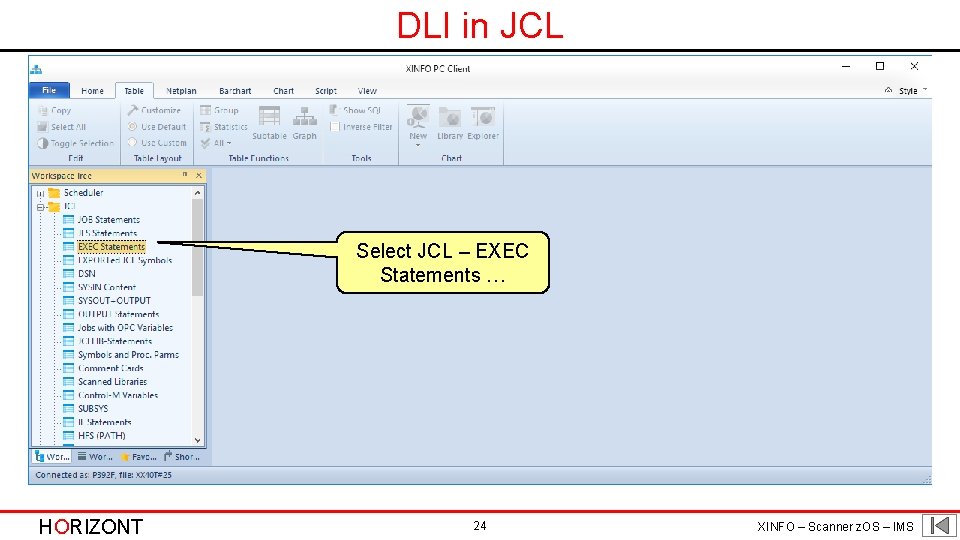 DLI in JCL Select JCL – EXEC Statements … HORIZONT 24 XINFO – Scanner