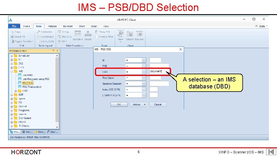 IMS – PSB/DBD Selection A selection – an IMS database (DBD) HORIZONT 6 XINFO