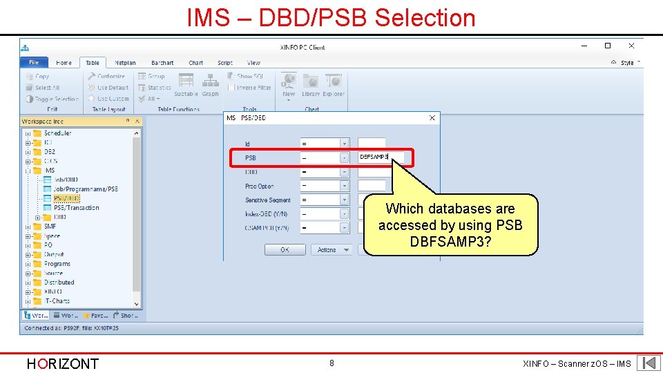 IMS – DBD/PSB Selection Which databases are accessed by using PSB DBFSAMP 3? HORIZONT