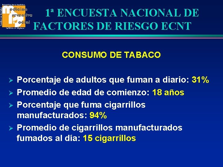 1ª ENCUESTA NACIONAL DE FACTORES DE RIESGO ECNT CONSUMO DE TABACO Ø Ø Porcentaje