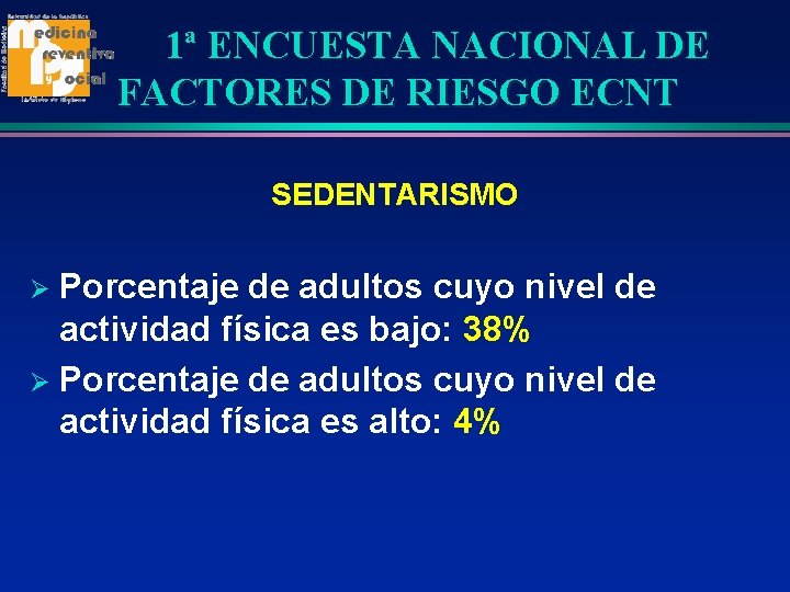 1ª ENCUESTA NACIONAL DE FACTORES DE RIESGO ECNT SEDENTARISMO Porcentaje de adultos cuyo nivel