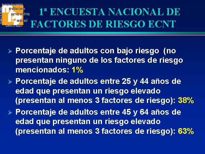 1ª ENCUESTA NACIONAL DE FACTORES DE RIESGO ECNT Ø Ø Ø Porcentaje de adultos