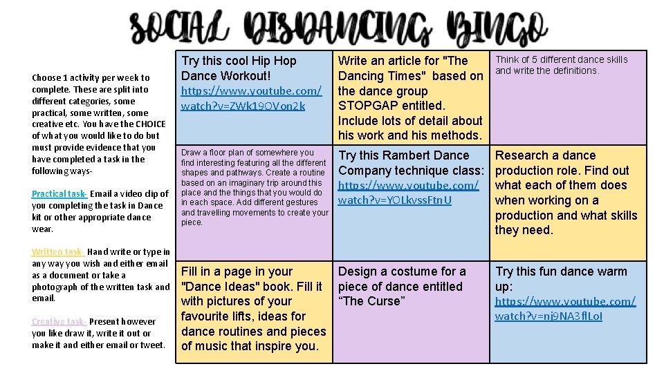 Choose 1 activity per week to complete. These are split into different categories, some